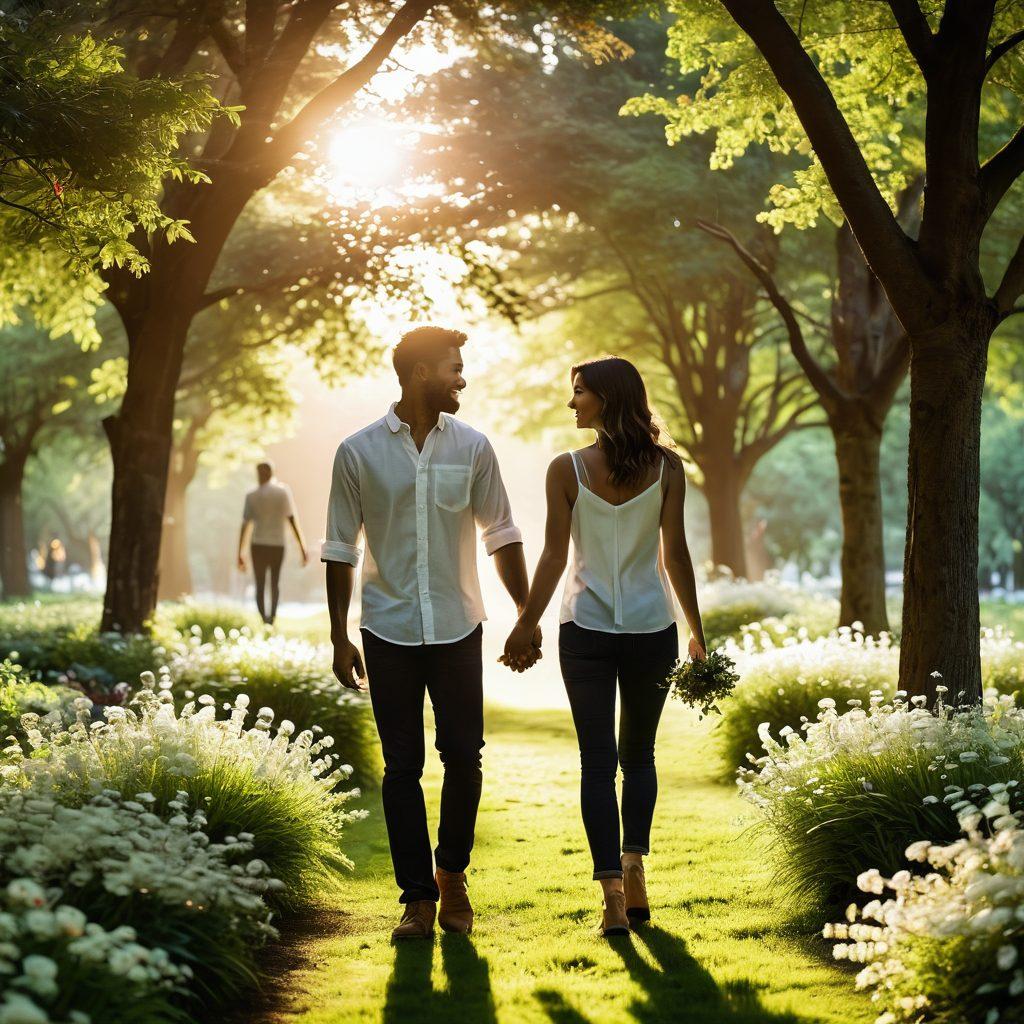 A serene couple walking hand in hand through a lush green park at sunset, surrounded by blooming flowers and soft rays of light filtering through the trees. The scene embodies warmth, connection, and intimacy, with the couple sharing a joyful laugh. In the background, silhouettes of diverse couples enjoying their time together, showcasing the beauty of modern romance. super-realistic. vibrant colors. warm tones.