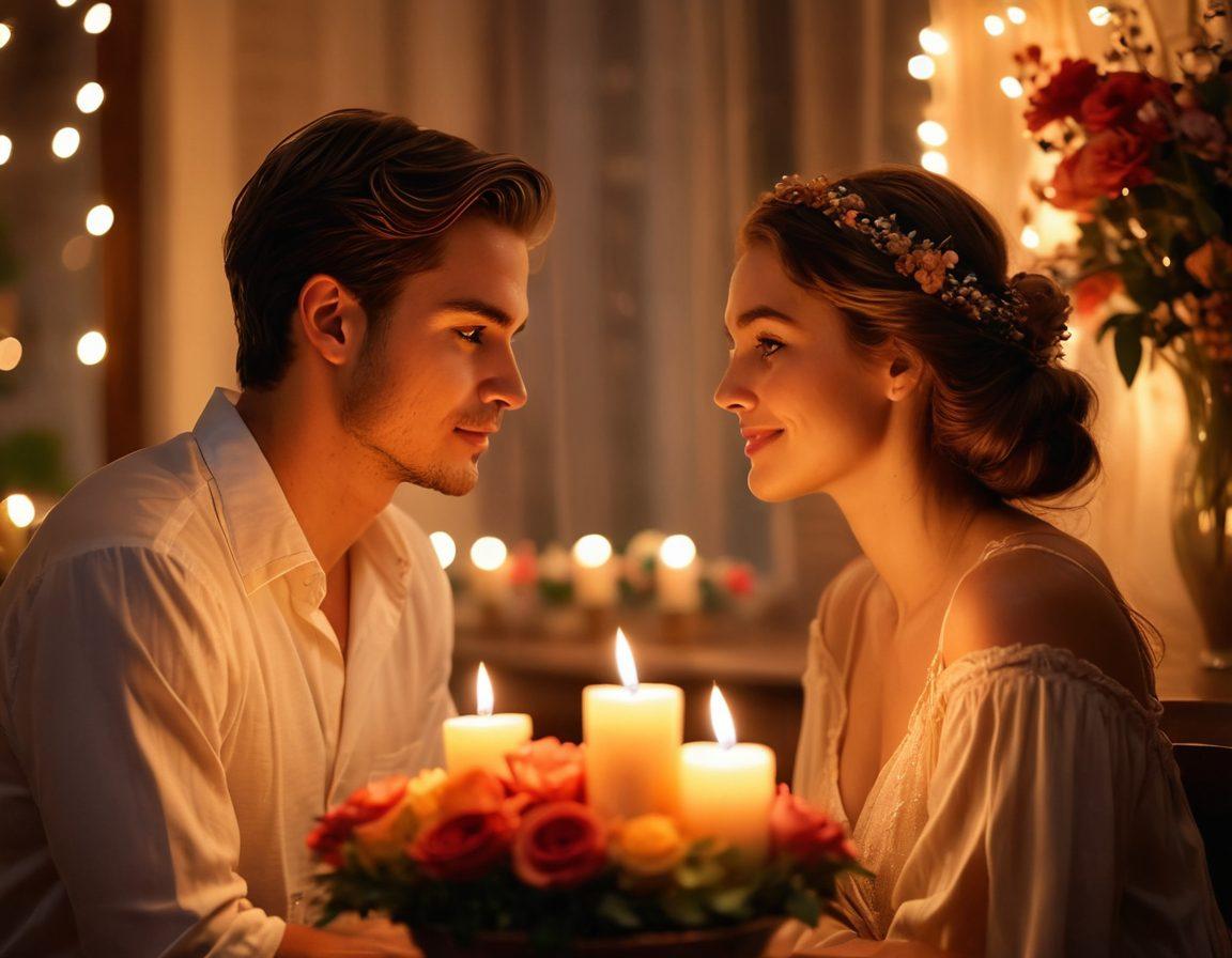 A captivating scene of two individuals engaging in intimate conversation over candlelight, surrounded by soft, warm tones. The background features romantic ambiance with blurred fairy lights, and gentle floral arrangements. The expressions on their faces convey deep connection and attraction. Include elements that symbolize seduction, such as subtle touches and alluring glances. vibrant colors. super-realistic.
