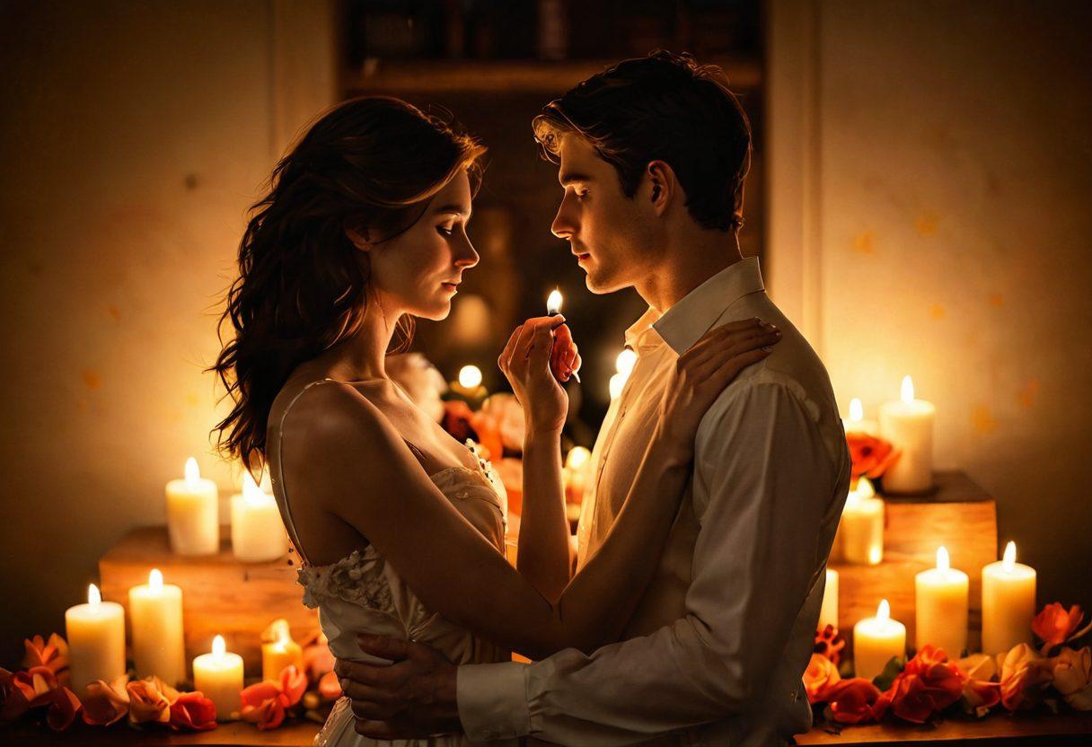 A romantic scene depicting a couple in an intimate setting, surrounded by soft candlelight, gentle petals scattered around, and warm colors enveloping them. Show their hands intertwined, with faint silhouettes of hearts in the background symbolizing love and deep affection. The atmosphere should feel cozy and inviting, capturing the essence of courtship evolving into deeper intimacy. super-realistic. warm colors. soft glow.